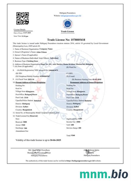 Bangladesz Habiganj Trade license Word i szablon PDF